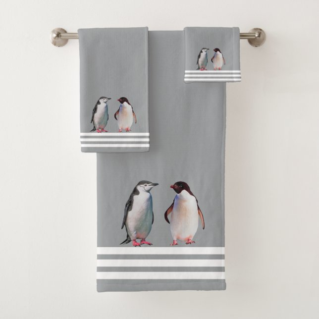 Custom Penguins & Three Stripes on Light Grey Bath Towel Set (Insitu)