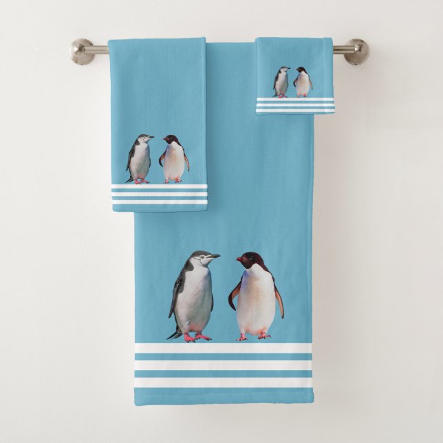 Custom Penguins & Three Stripes on Light Teal Bath Towel Set (Insitu)