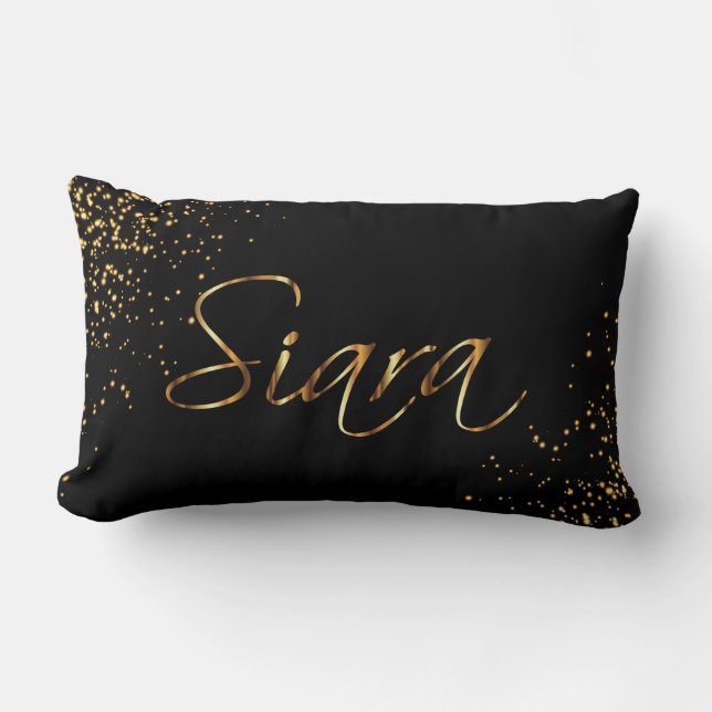 Custom-Personalize Black & Gold Script Font Design Lumbar Pillow (Front)