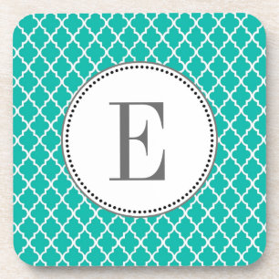 Custom personalize teal quatrefoil monogram coaster