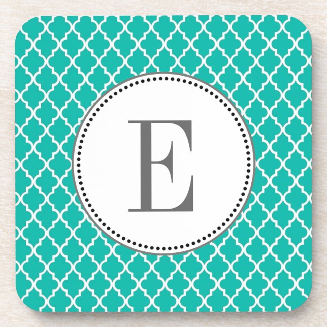 Custom personalize teal quatrefoil  monogram coaster (Front)
