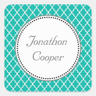 Custom personalize teal quatrefoil  monogram square sticker