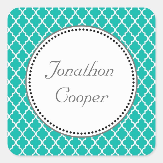 Custom personalize teal quatrefoil  monogram square sticker (Front)