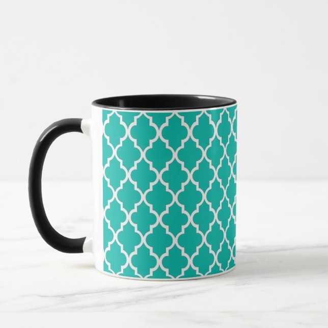 Custom personalize teal quatrefoil pattern monogra mug (Left)