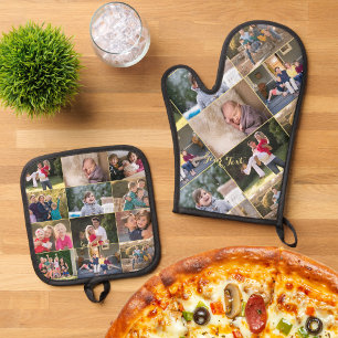 Custom Personalized 17 Photo Collage Gold Monogram Oven Mitt & Pot Holder Set