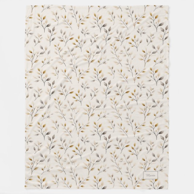 Custom Personalized Beige Neutral Botanical Leaves Fleece Blanket (Front)