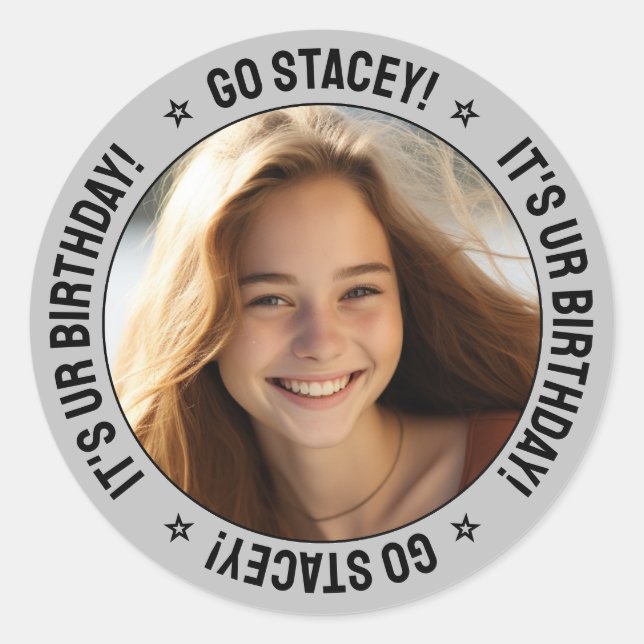 Custom Personalized Birthday Message, Name & Photo Classic Round Sticker (Front)