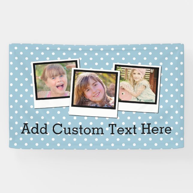 Custom Personalized Blue Polka Dot 3 Photo Banner (Horizontal)