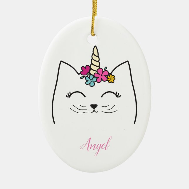 Custom Personalized Children's Cat Unicorn Ceramic Ornament (Front)