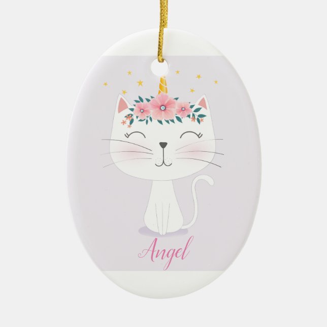 Custom Personalized Children's Cat Unicorn Ceramic Ornament (Front)