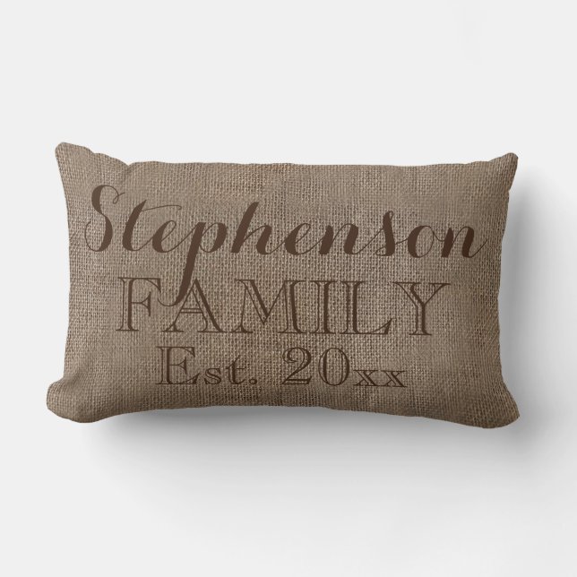 Custom Personalized Family Name Burlap Rustic Lumbar Pillow (Front)