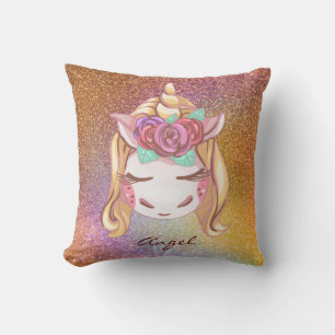 Custom Personalized Faux Glitter Rainbow Unicorn Throw Pillow