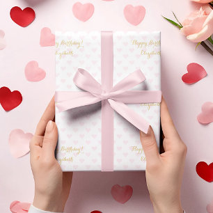 Custom Personalized Faux Gold Script Pink Hearts Wrapping Paper