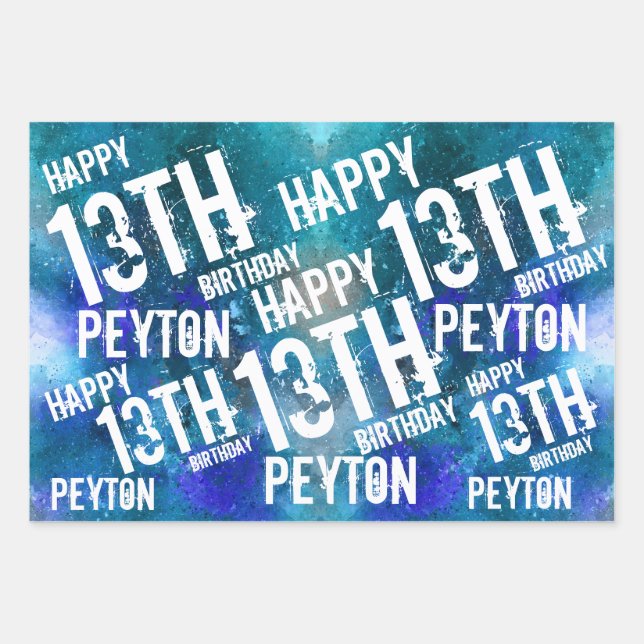 Custom Personalized Galaxy Blue Birthday Party Wrapping Paper Sheet (Front)