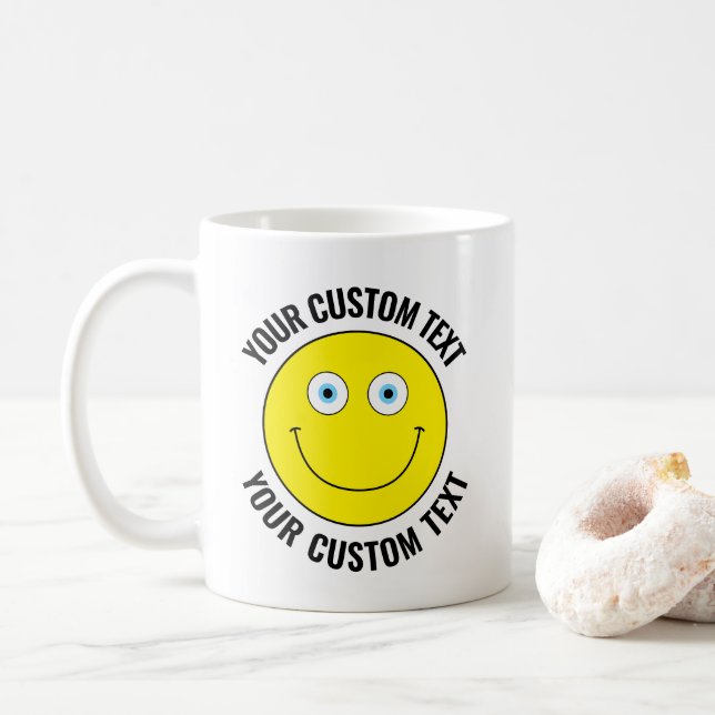 Custom Personalized Happy Face YELLOW, Blue Eyes Coffee Mug (With Donut)