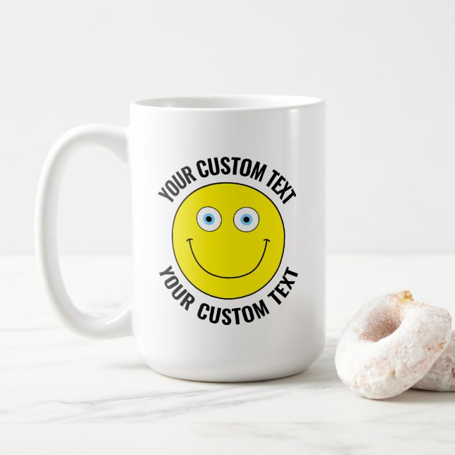 Custom Personalized Happy Face YELLOW, Blue Eyes Coffee Mug (With Donut)