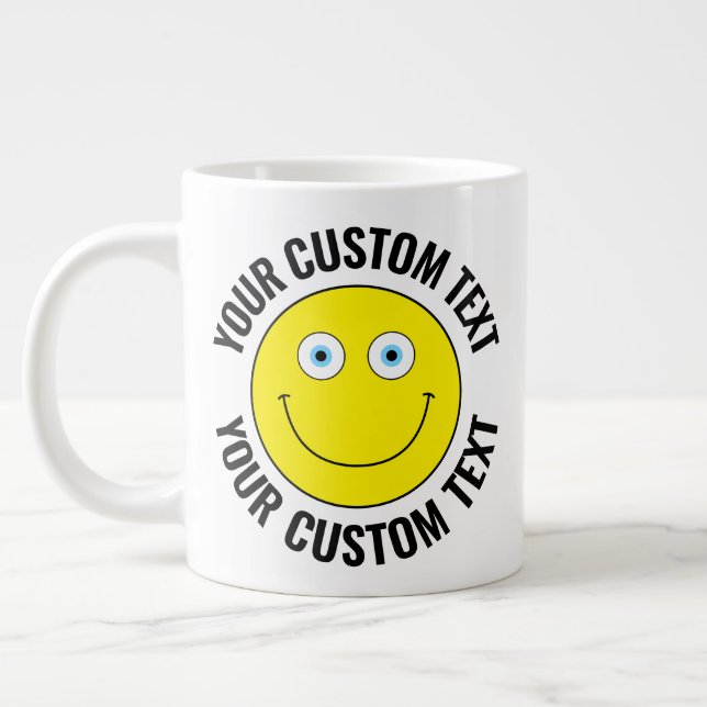 Custom Personalized Happy Face YELLOW, Blue Eyes Large Coffee Mug (Left)
