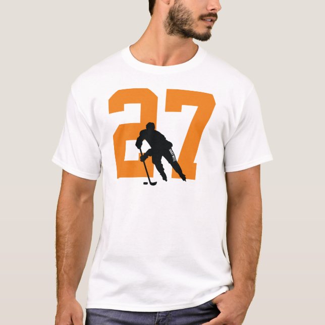 Custom Personalized Hockey Player Number Orange T-Shirt (Front)