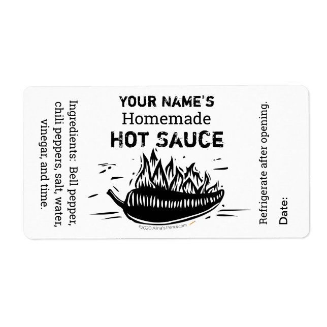 Custom Personalized Hot Sauce Woodcut Black Chili (Front)