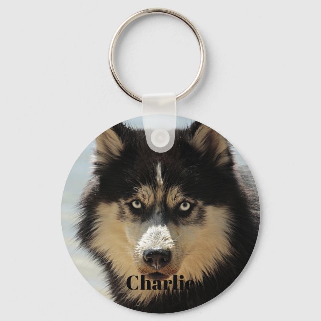 Custom Personalized Husky Dog Photo Name Keychain (Front)