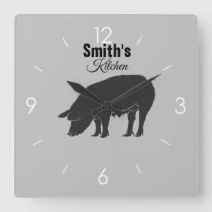 Custom Personalized Kitchen Vintage Pig Logo Square Wall Clock