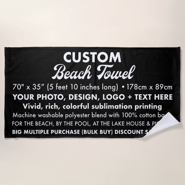 Custom Personalized Large Black Beach Towel 5' 10" (Front)
