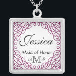 Custom Personalized Maid of Honour Necklace<br><div class="desc">Change the date, change the font if you like another better and then select your swirl colour by changing the background colour and you have an awesome bridal party gift or wedding jewellery! A calligraphic swirl background frames your Name, bridal party position and your monogram. To change the swirl colour...</div>