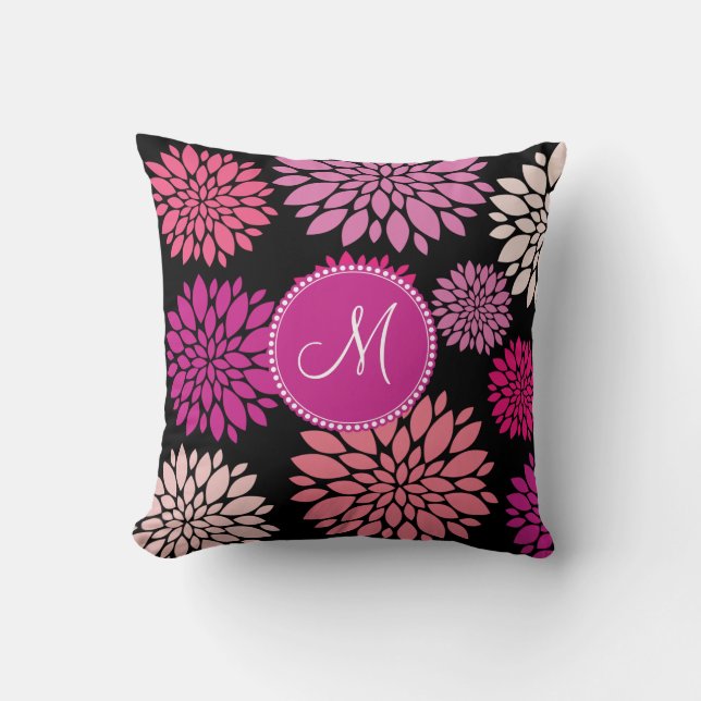 Custom Personalized Monogram Pink Purple Flowers Throw Pillow (Front)