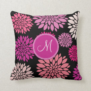 Custom Personalized Monogram Pink Purple Flowers Throw Pillow