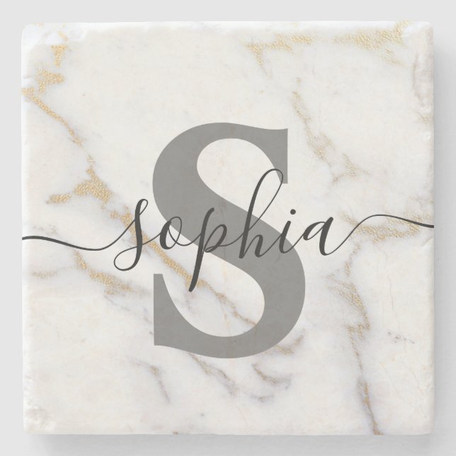 Custom Personalized Monogram Script Name Initial Stone Coaster (Front)