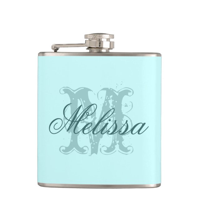 Custom Personalized Nam/Initial Monogram Turquoise Hip Flask (Front)