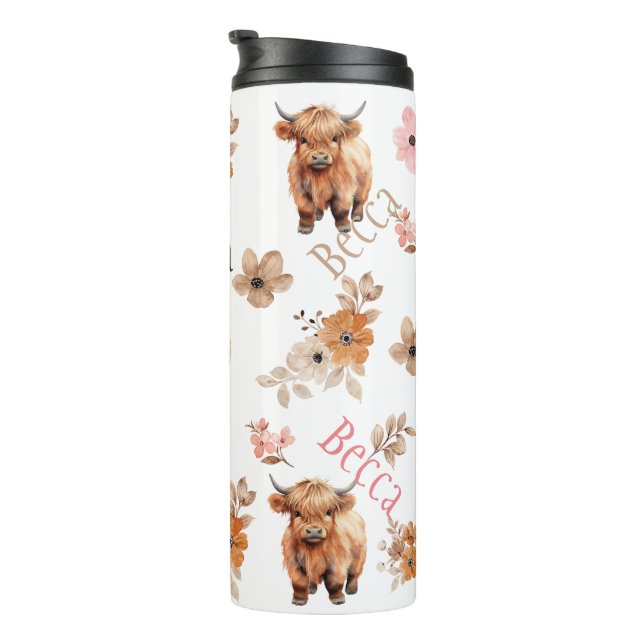Custom Personalized Name Highland Cow Floral Thermal Tumbler (Rotated Right)