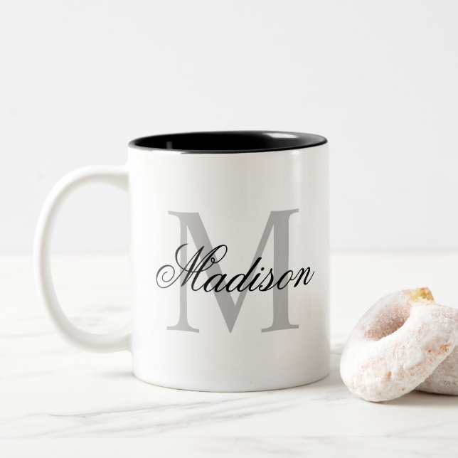 Custom Personalized Name Monogram Black Two-Tone Coffee Mug (With Donut)