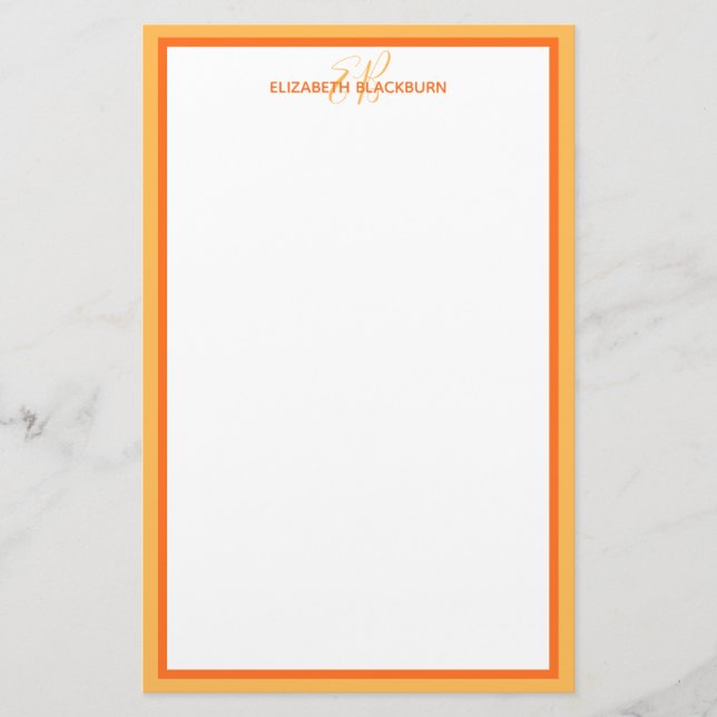 Custom Personalized Name Monogram Initials Orange Stationery (Front)