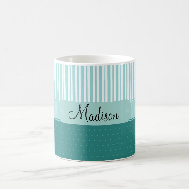 Custom Personalized Name Teal Stripes Polka Dots Coffee Mug (Center)