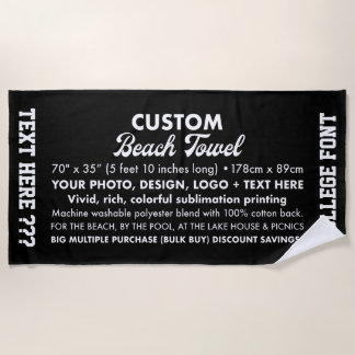 Custom Personalized Photo & Text Black Beach Towel