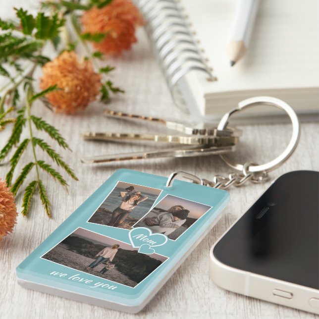 Custom Personalized Photos Light Teal Blue Green Keychain (Front Right)