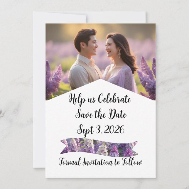Custom Personalized Purple Lilac Save The Date (Front)