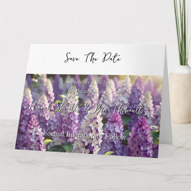 Custom Personalized Purple Lilac Save The Date Card (Front)
