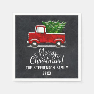 Custom Personalized Red Truck Tree Merry Christmas Napkin