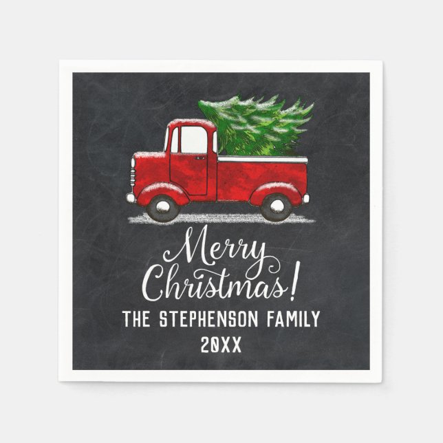 Custom Personalized Red Truck Tree Merry Christmas Napkin (Front)