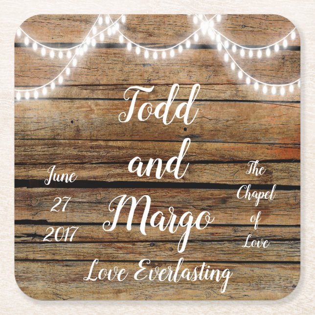Custom Personalized Rustic Wood Wedding Lights Square Paper Coaster (Front)