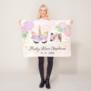 Custom Personalized Unicorn Baby Girls Photo Fleece Blanket