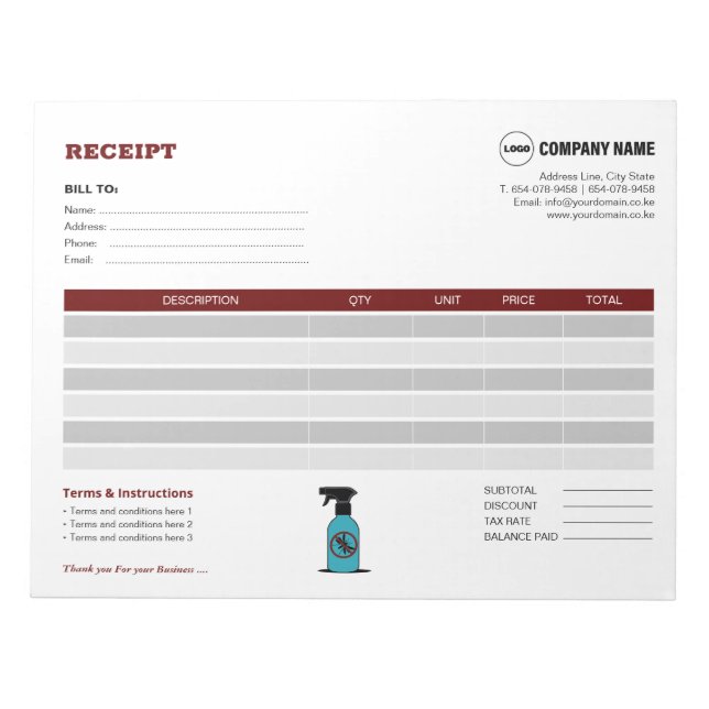 Custom Pest Control Receipt Template Notepad (Front)