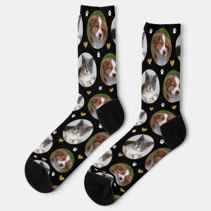 Custom Pet 2 Photo Heart Black White Paw Print Socks