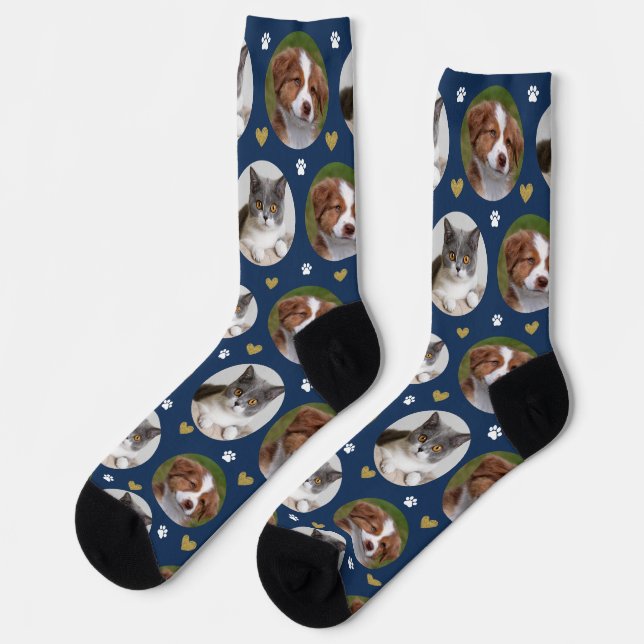 Custom Pet 2 Photo Heart Navy Blue Paw Print Socks (Left)