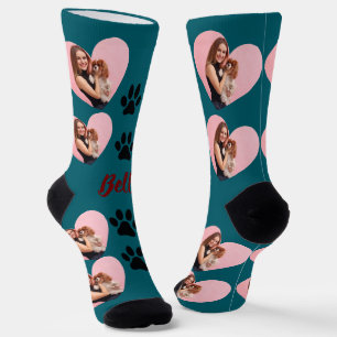 Custom Pet 2 Photo Heart White Paw Girl Socks