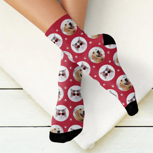 Custom Pet 2 Photo Red Paw Print Socks