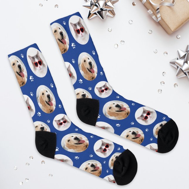 Custom Pet 2 Photo Royal Blue Paw Print Socks (Creator Uploaded)