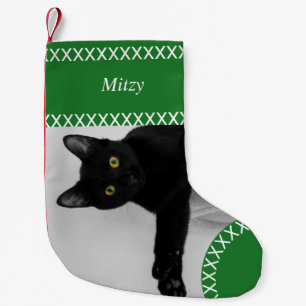 Custom Pet Black Cat photo Christmas green Small Christmas Stocking